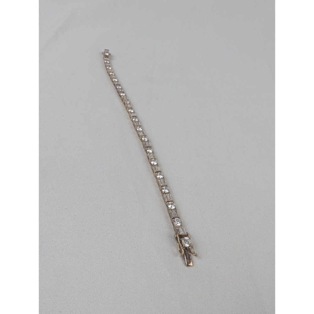 925 Sterling Silver Tennis Bracelet Round Baguette Clear Stones 7" 10g Gold Tone